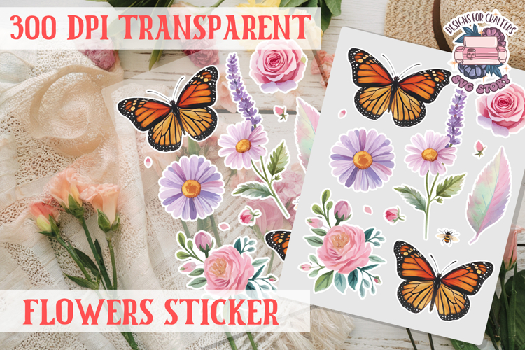 Summer sticker flowers butterfly Spring Botanical PNG