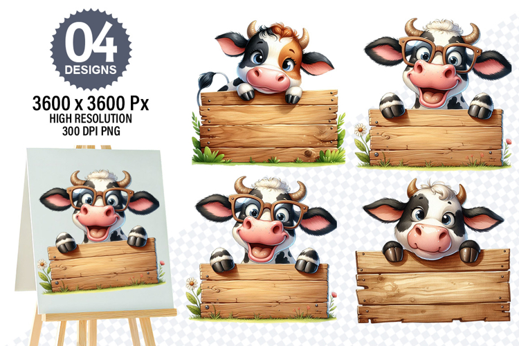 Watercolor Funny Cow Clipart PNG, Cow Sublimation Designs