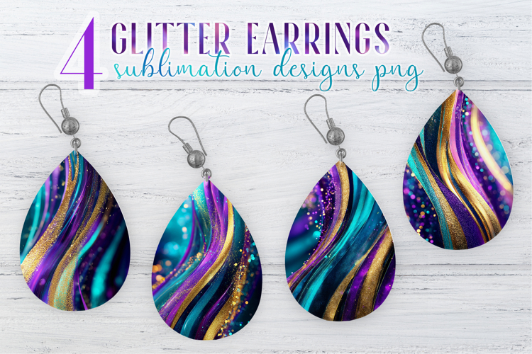 Glitter Earrings Sublimation | Teal Golden Stripes Teardrop