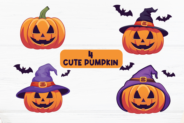Halloween Pumpkins with Witch Hats and Bats