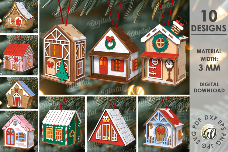 3D Christmas House Tree Ornaments Bundle Laser Cut