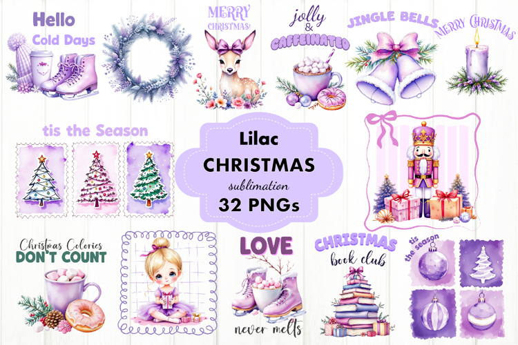 Watercolor Lilac Christmas Sublimation Bundle PNG