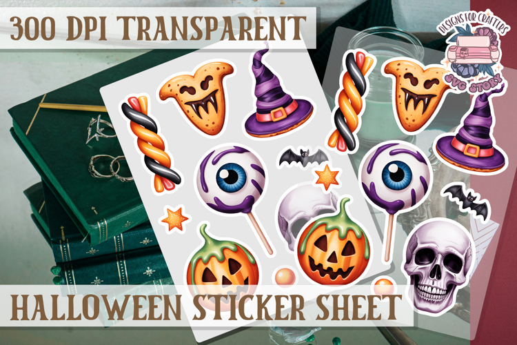 Halloween sticker sheet Creepy Scrapbook PNG Funny Skulls example image 1