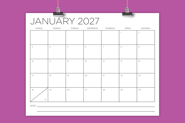 2027 8.5 x 11 Inch Thin Sans Serif Calendar Template