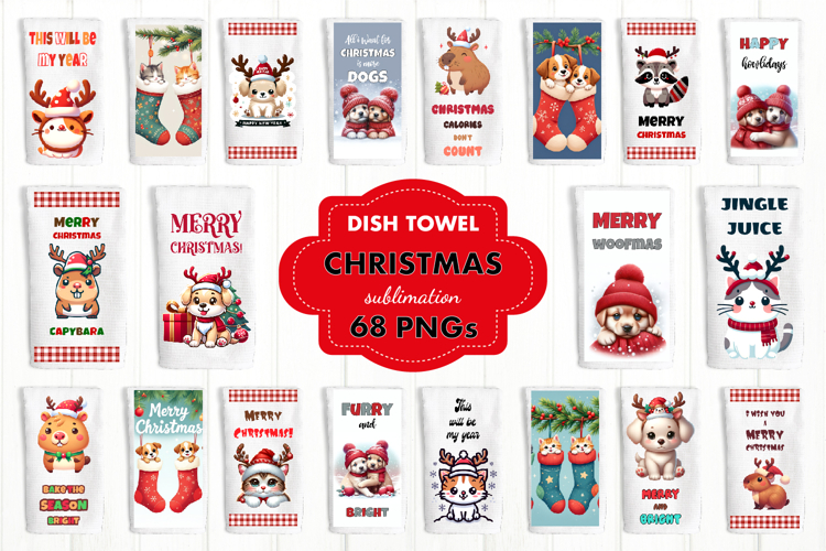 Christmas Dish Towel Bundle PNG. Cute Animal Christmas