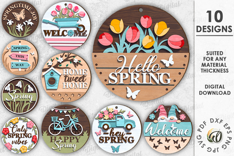 3D Spring Round Signs Bundle Laser Cut. Wall Decor SVG
