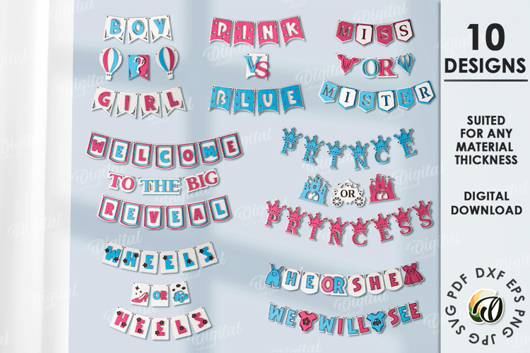 Gender Party Banners Bundle Laser cut. Wall decor SVG