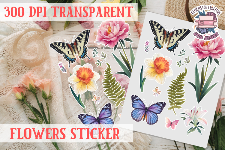 Summer sticker flowers butterfly Spring Botanical PNG