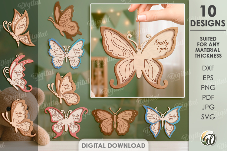 3D Butterflies Bundle Laser Cut. Hanging Nursery Decor SVG