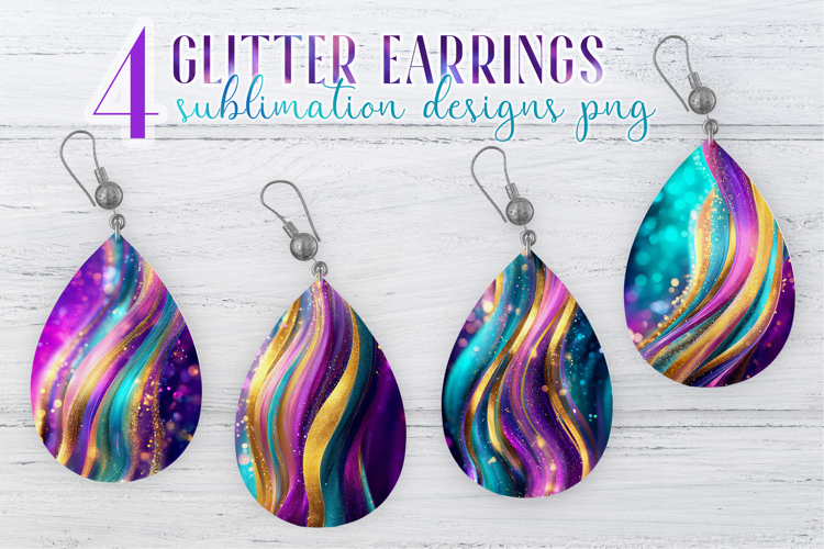Glitter Earrings Sublimation|Golden Pink Blue Waves Teardrop