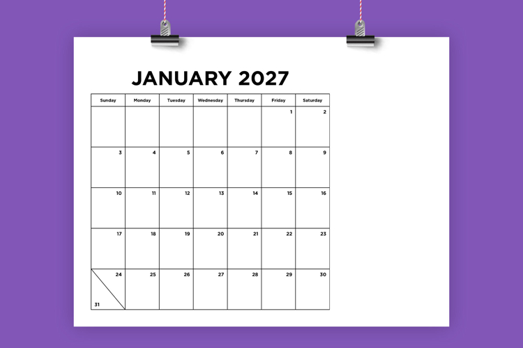 2027 Small Number Simple 8.5x11 Inch Calendar