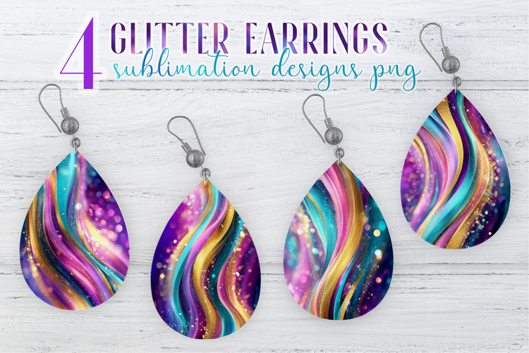 Glitter Earrings Sublimation|Golden Pink Blue Waves Teardrop