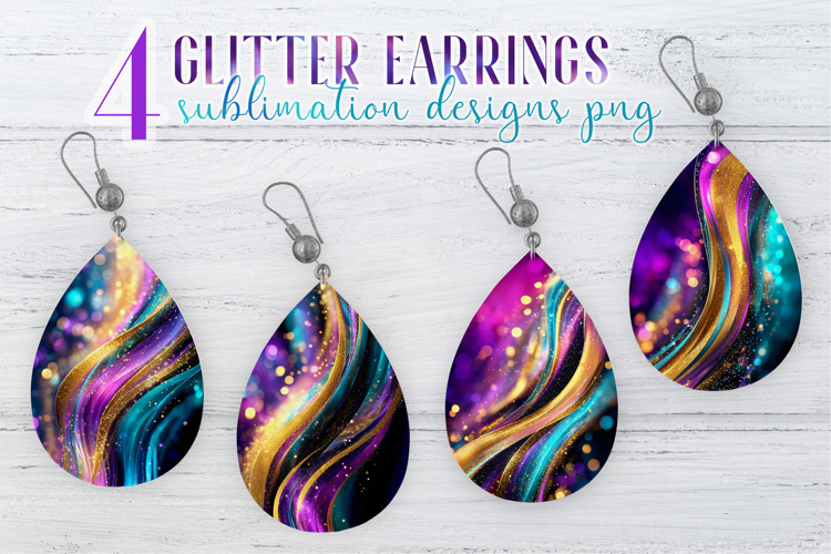 Glitter Earrings Sublimation|Golden Colorful Waves Teardrop