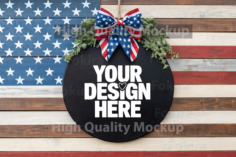 4th of July Round Wood Sign Mockup - Door Wood Sign