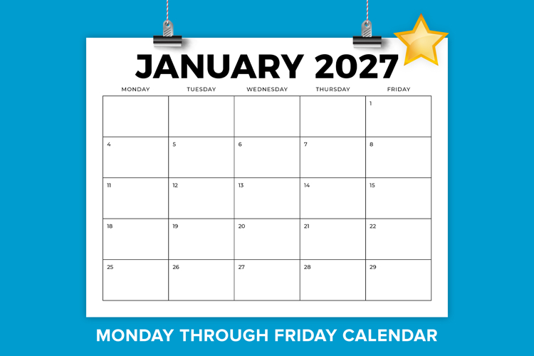 2027 8.5 x 11 Inch Bold Monday to Friday Calendar Template