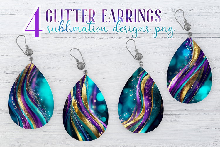 Glitter Earrings Sublimation. Teal Golden Stripes Teardrop