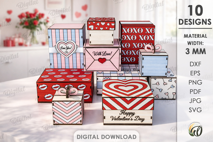 Valentine Gift Boxes Bundle Laser Cut. Decorative Box SVG