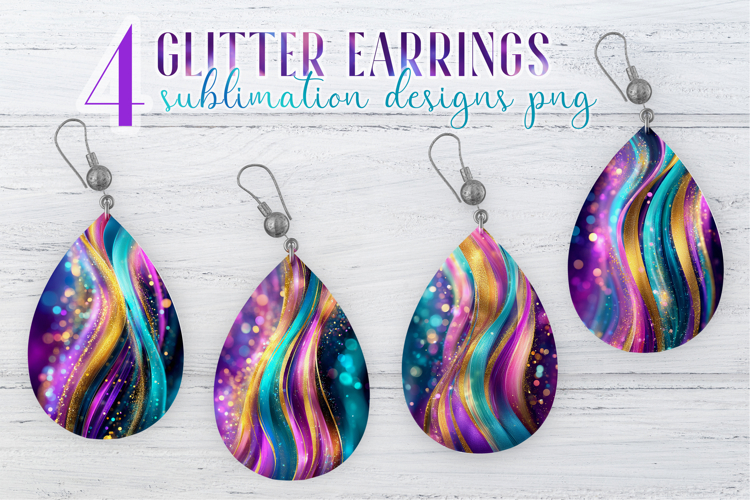 Glitter Earrings Sublimation|Golden Pink Blue Waves Teardrop