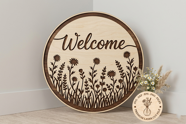 Welcome Sign SVG, Wildflower Laser Cut Door Hanger example image 1