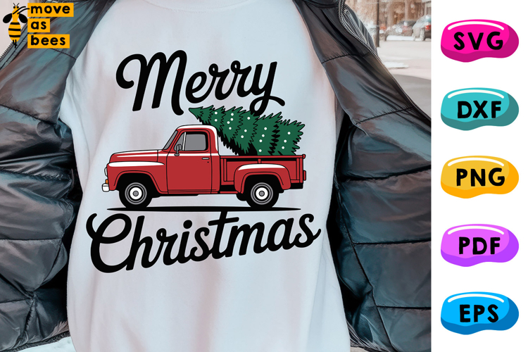 Merry Christmas Svg, Png, Red Retro Truck With X-mas Tree