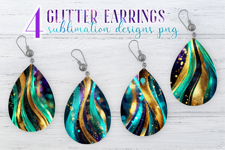Glitter Earrings Sublimation. Gold Emerald Stripes Teardrop