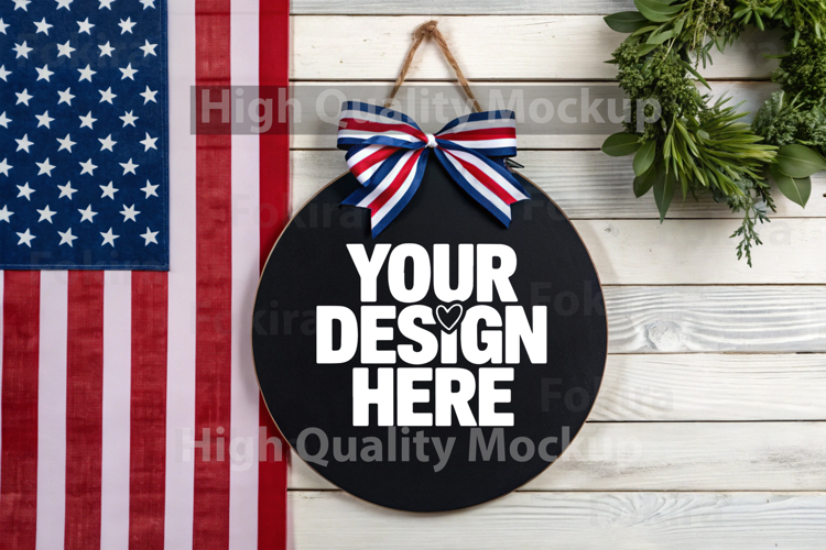 4th of July Round Wood Sign Mockup - Door Wood Sign