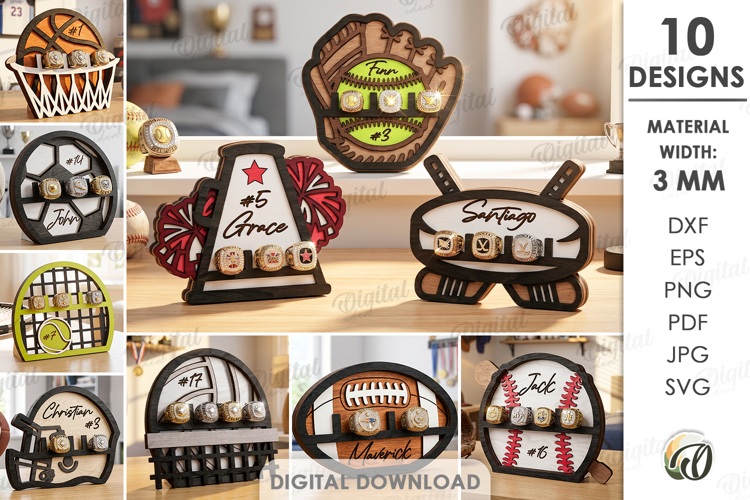 Sports Ring Holders Bundle Laser Cut. Ring Display SVG