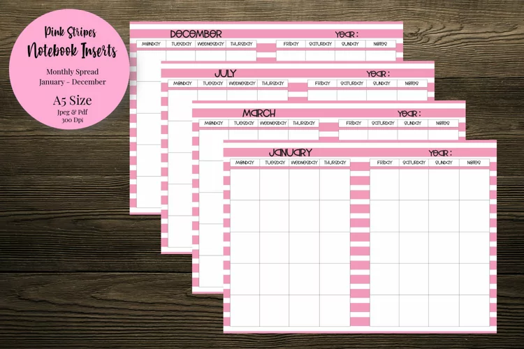 Pink Stripes Monthly Spread A5 Size Notebook Inserts