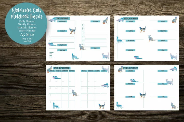 Watercolor Cats A5 Size Notebook Inserts Planner