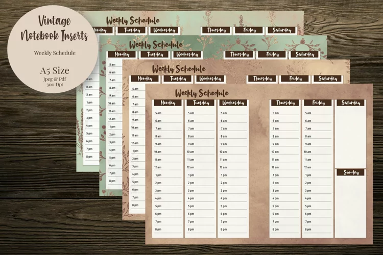 Vintage Weekly Schedule A5 Size Notebook Inserts