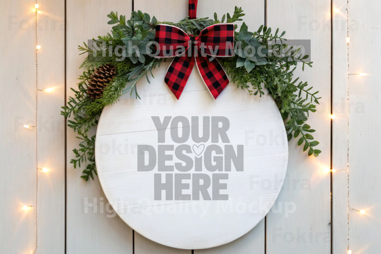 Christmas Round Wood Sign Mockup - Door Wood Sign