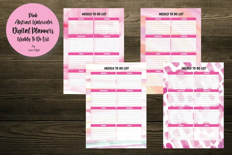 Pink Abstract Watercolor Weekly To Do List Digital Planners