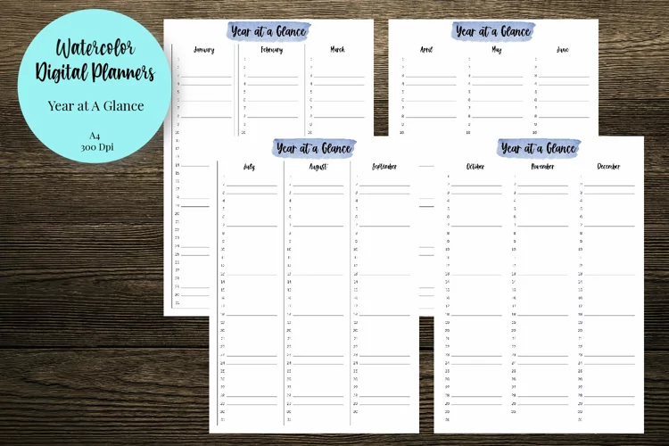 Watercolor Year at a Glance Digital Planners