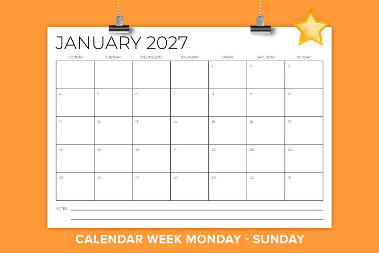 2027 A4 Thin Sans Serif Monday to Sunday Calendar Template