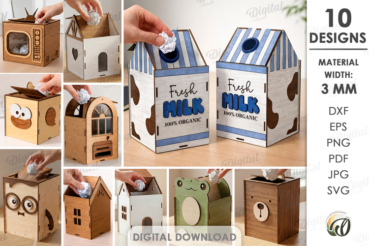 Tabletop Trash Bins Bundle Laser Cut. Garbage Box SVG