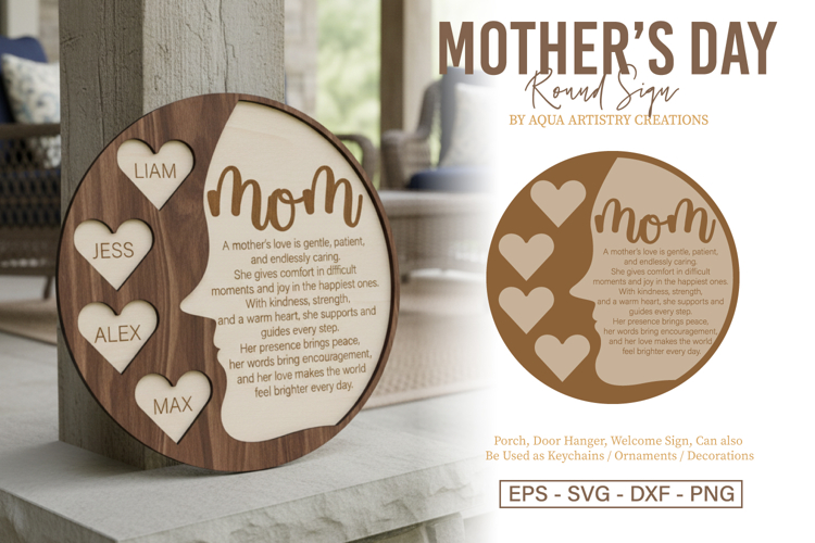 Mom Family Round Laser Cut Sign, Gift for Mothers Day SVG