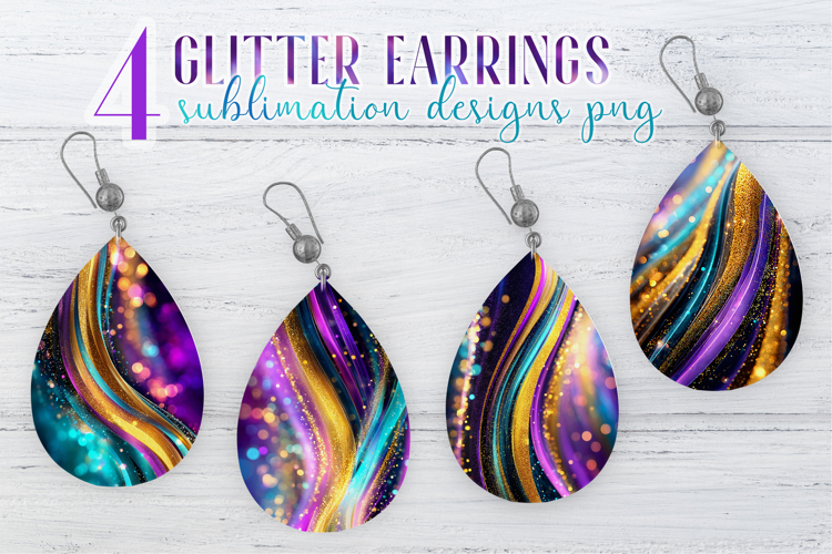 Glitter Earrings Sublimation|Golden Colorful Waves Teardrop