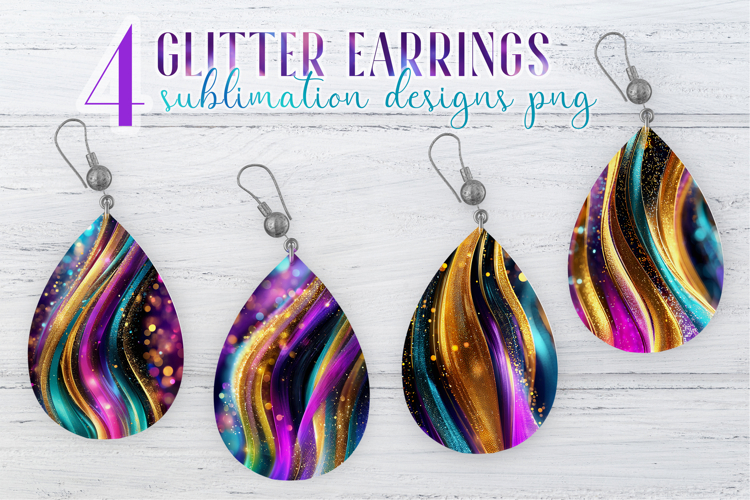 Glitter Earrings Sublimation|Golden Colorful Waves Teardrop