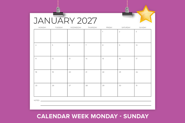 2027 8.5 x 11 Inch Monday to Sunday Calendar Template
