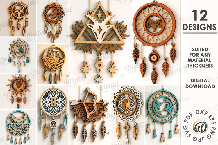 Zodiac Signs Dream Catcher Bundle Laser Cut. Wall Decor SVG