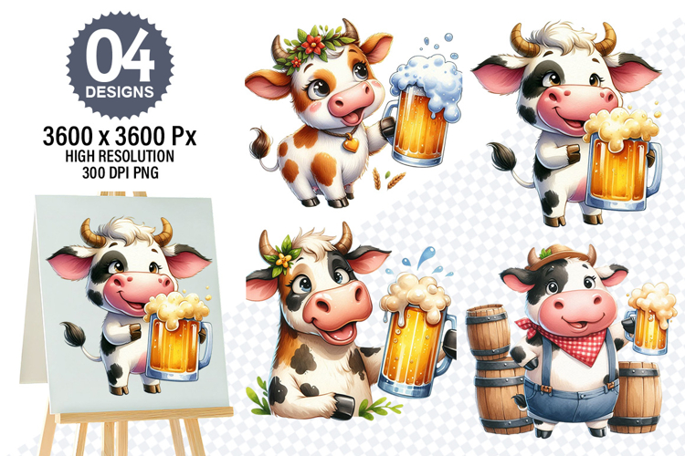Watercolor Funny Cow Clipart PNG, Cow Sublimation Designs
