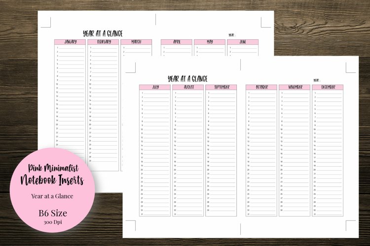 Pink Minimalist Year at a Glance B6 Size Notebook Inserts example image 1