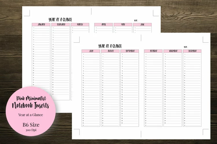 Pink Minimalist Year at a Glance B6 Size Notebook Inserts