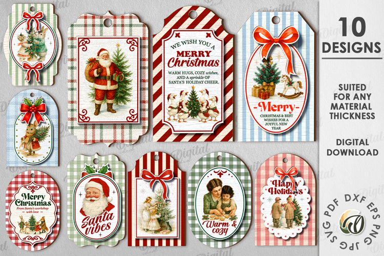 Vintage Christmas Gift Tags Bundle Laser Cut. Christmas SVG