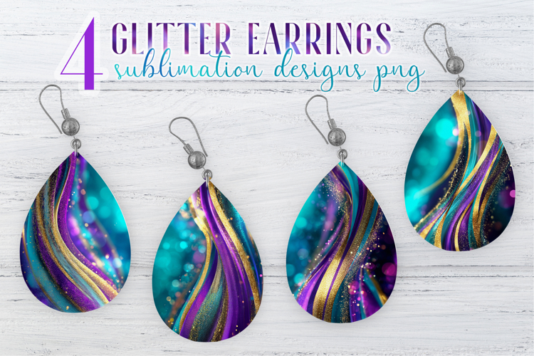 Glitter Earrings Sublimation | Teal Golden Stripes Teardrop