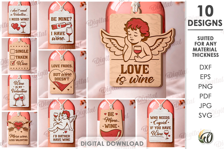 Valentines Wine Bottle Tags Bundle Laser Cut. Wine Tag SVG