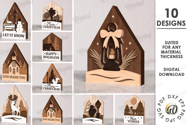 Christmas Houses Bundle Lasercut. Wooden Christmas Decor SVG