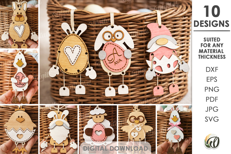 3D Easter Characters Tags Bundle Laser Cut. Gift Tag SVG