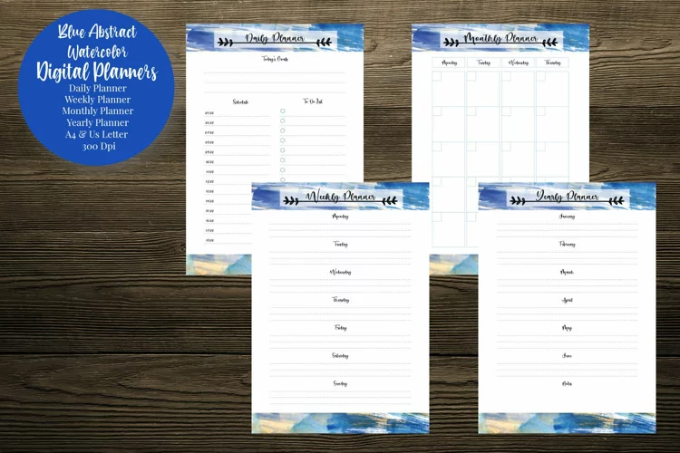 Blue Abstract Watercolor Digital Planners