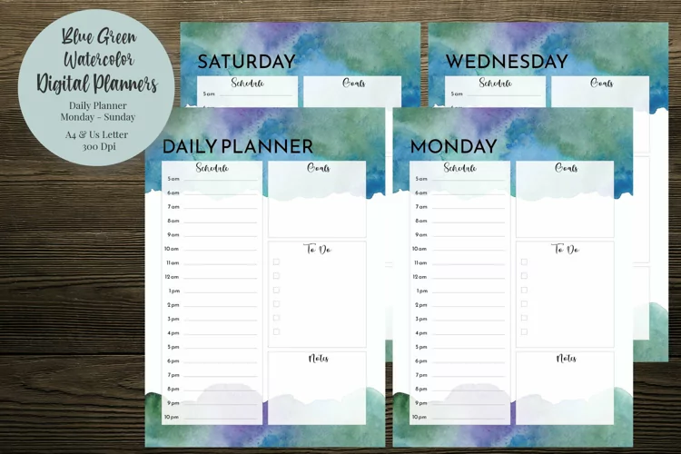 Blue Green Watercolor Daily Planner